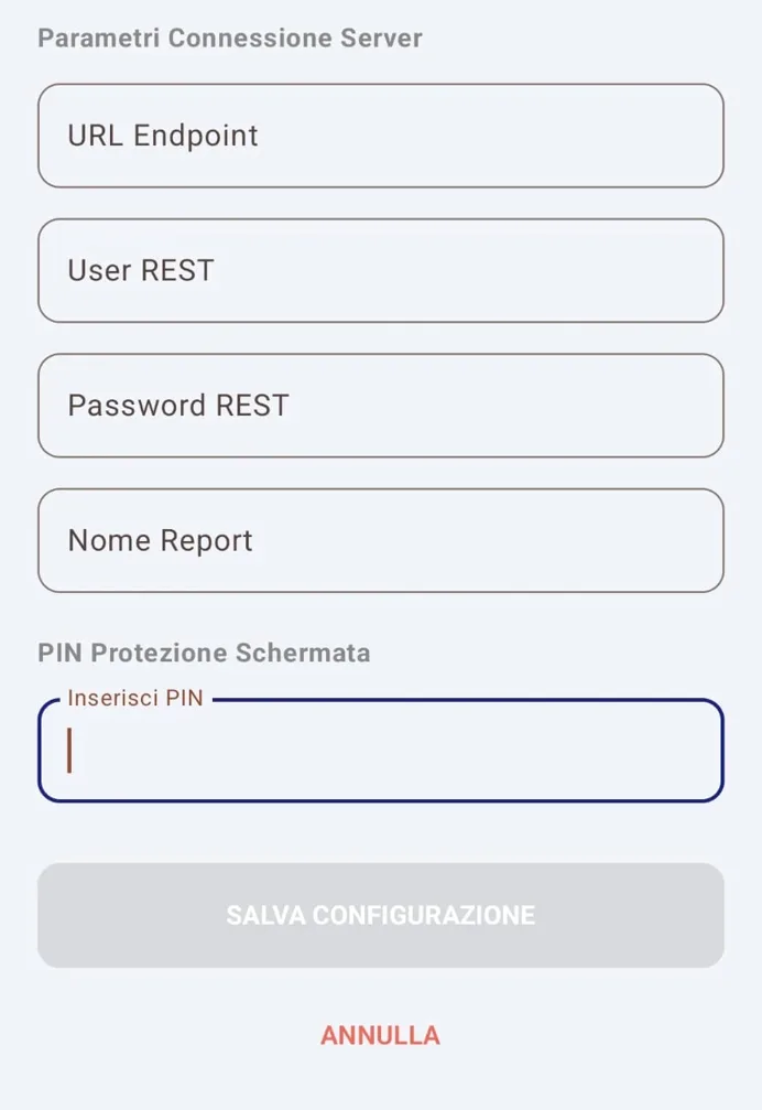 Schermata dell'app Cartelli di Cantina: connessione