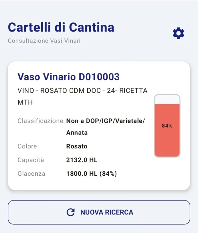 Schermata dell'app Cartelli di Cantina: consultazione del vaso