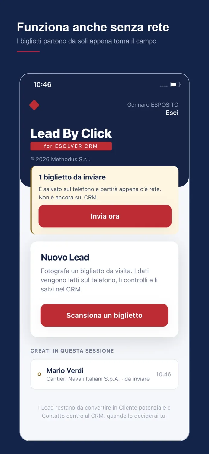 Schermata dell'app Lead By Click: invio senza connessione