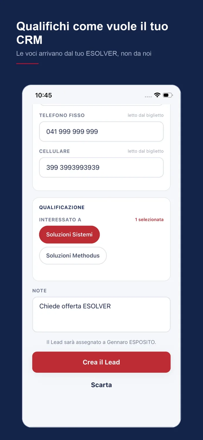 Schermata dell'app Lead By Click: qualificazione del contatto